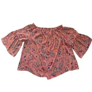 Boutique Off Shoulder Paisley Short Bell Sleeve Flowy Floral Blouse XL